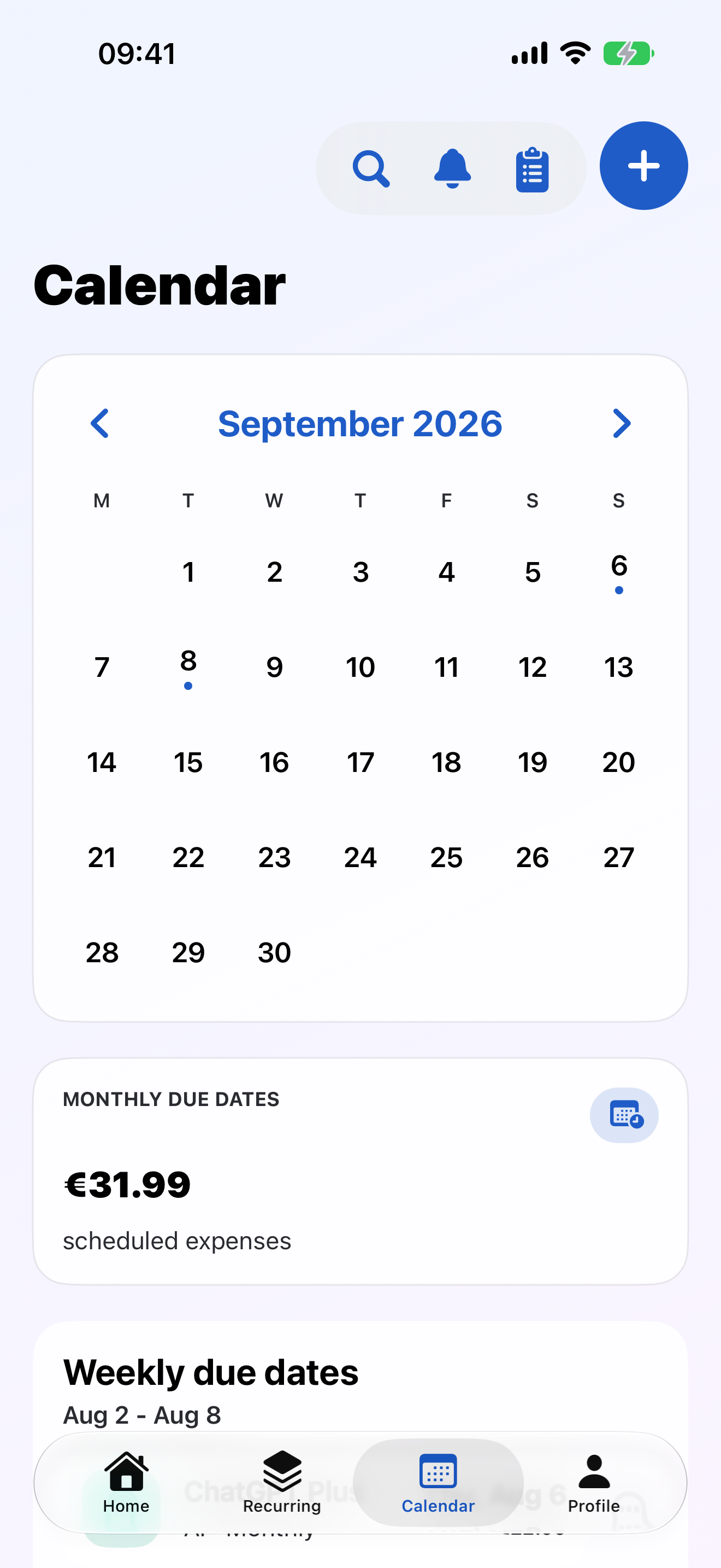 Monthly calendar with recurring due dates
