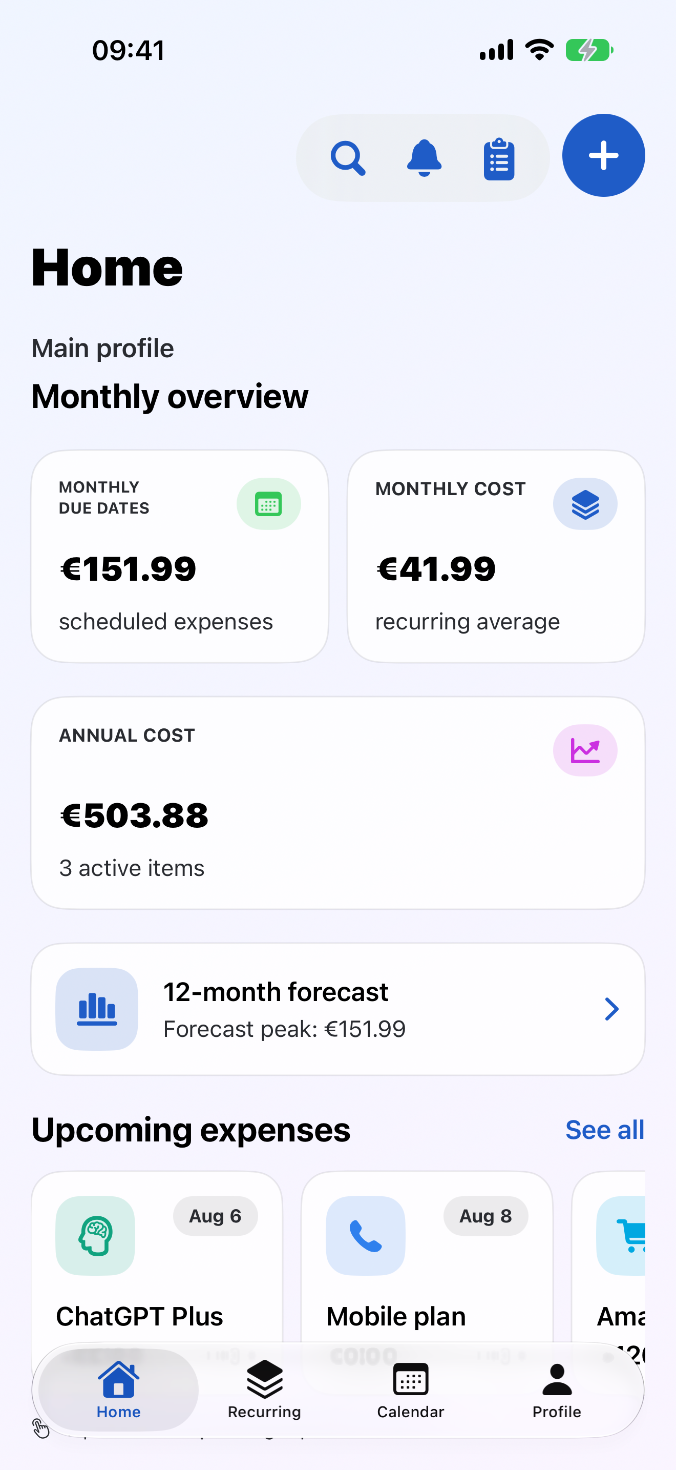 Subby Home showing the monthly share and upcoming expenses