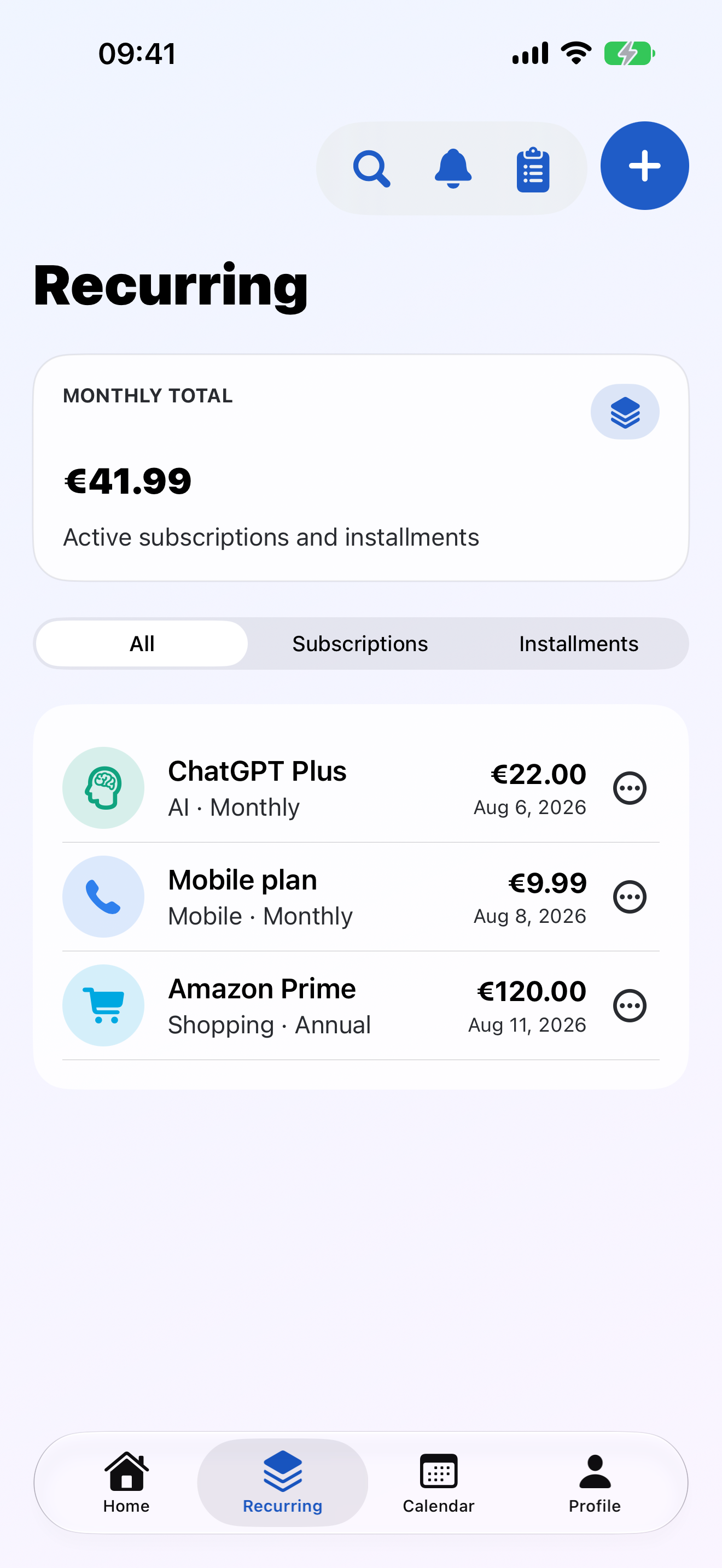 Recurring costs ordered by due date