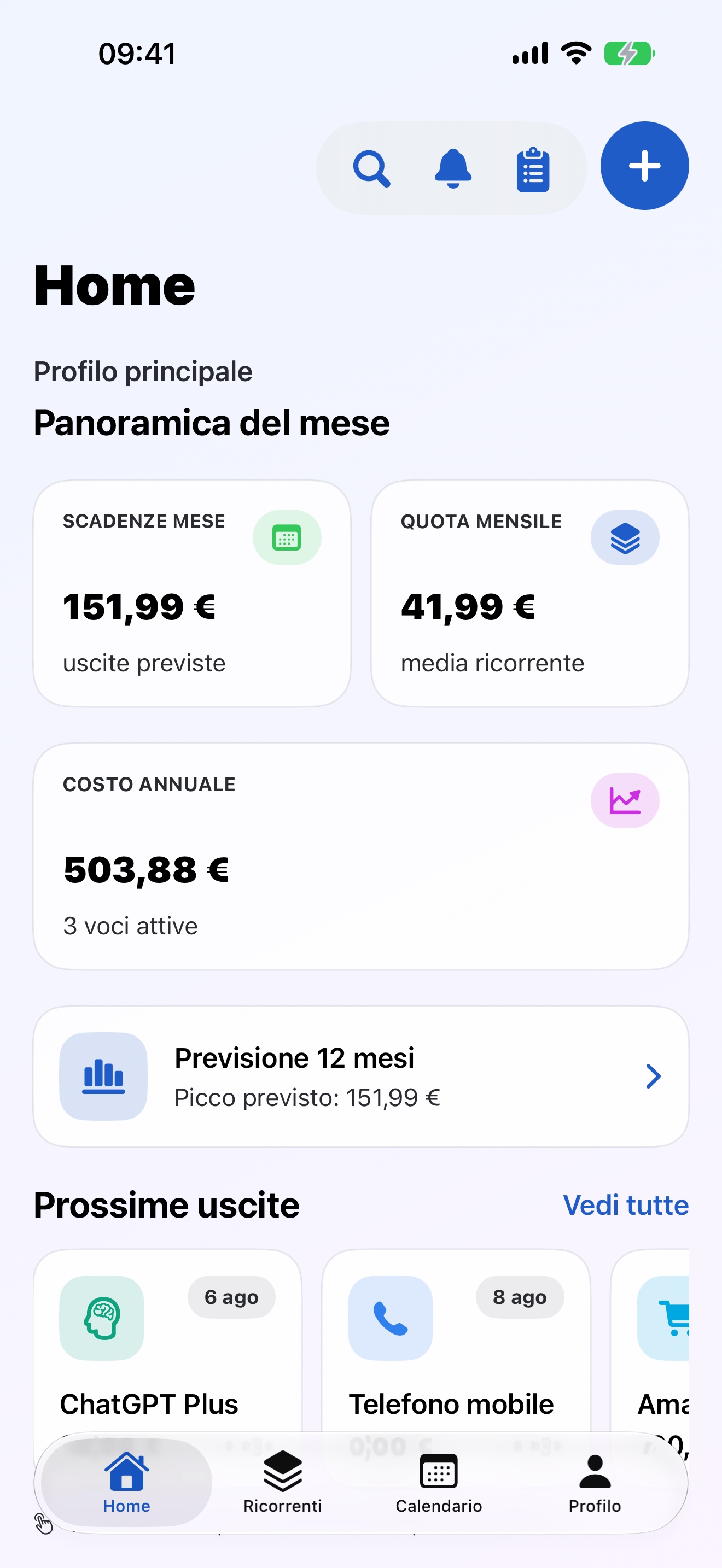 Schermata principale di Subby con il riepilogo mensile