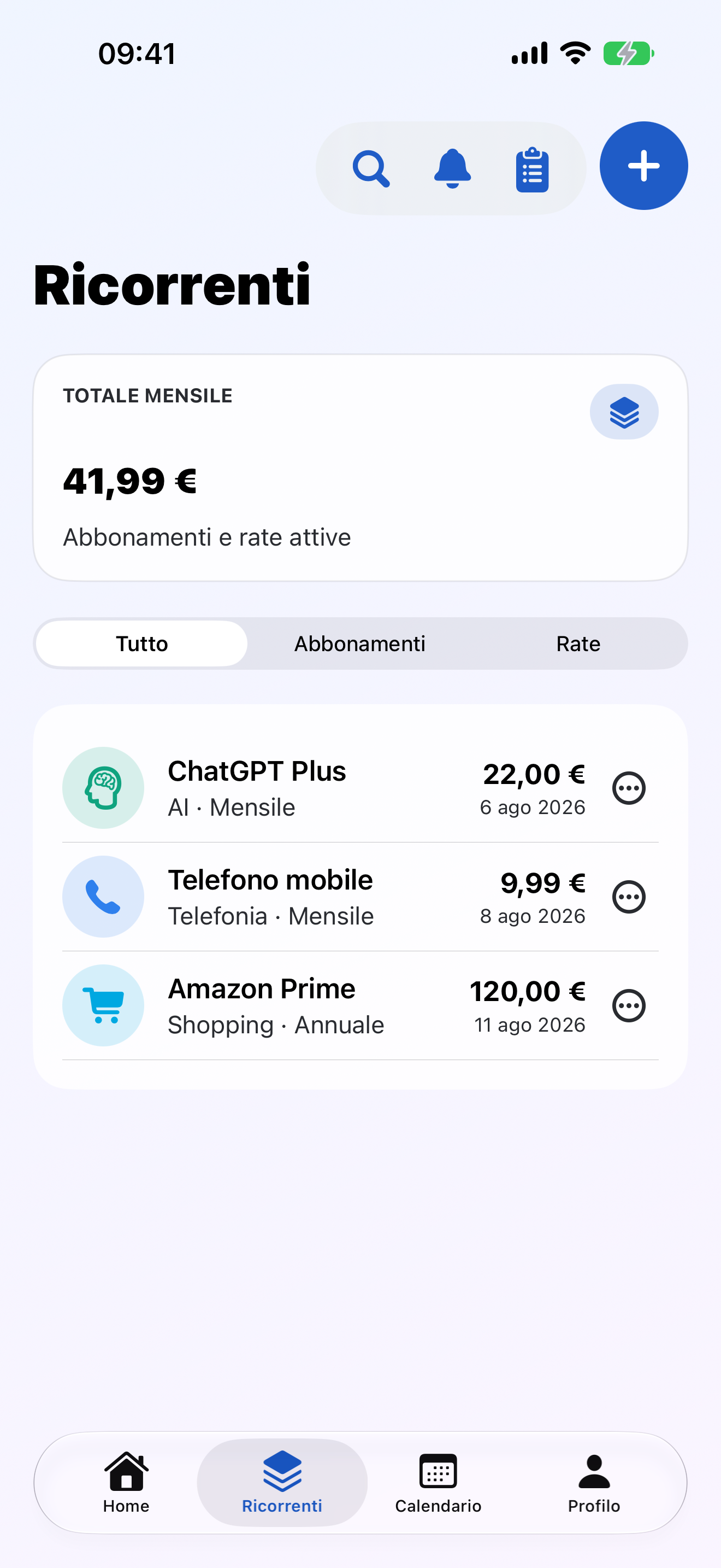 Elenco dei costi ricorrenti ordinato per data